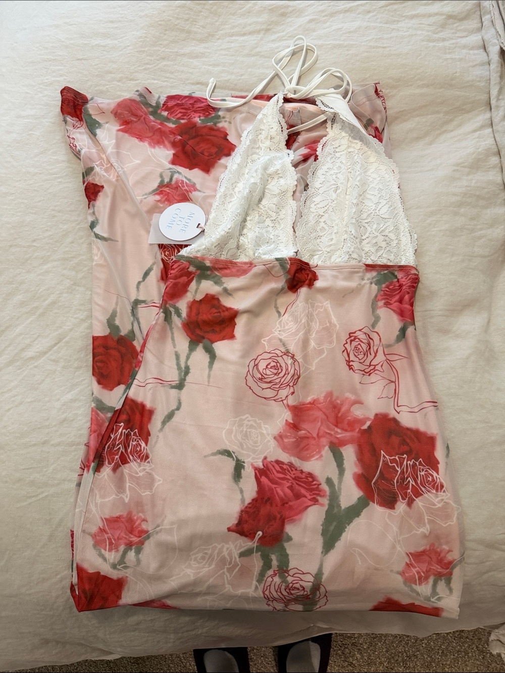 More to Come Floral Lace Halter Chemise Nightdress - White & Red